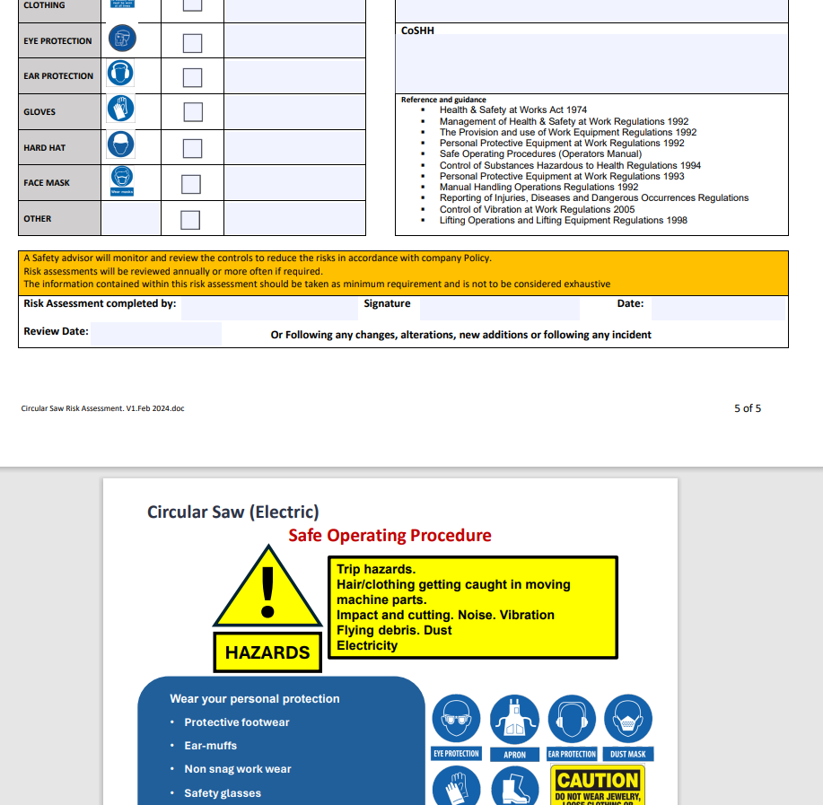 Circular Saw (Handheld) - Risk Assessment